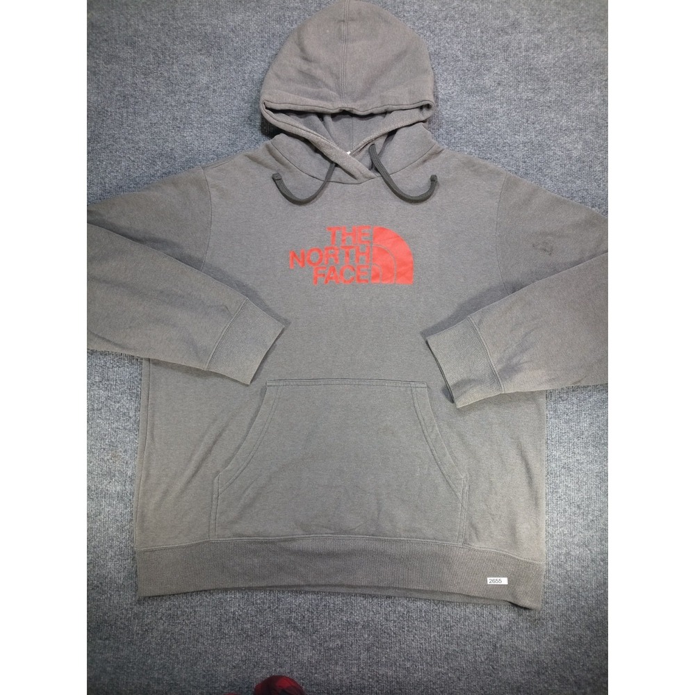 The North Face Men's XL Gray Red Logo Pullover Hoodie Sweatshirt